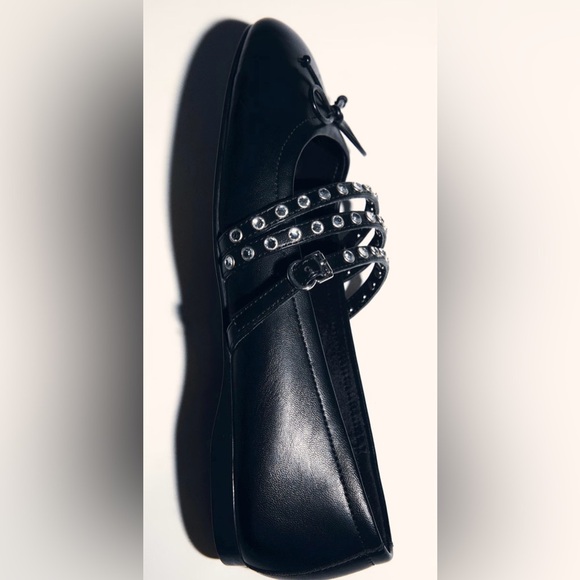 MANGO MNG Women’s Silver STUDDED Black BALLET FLATS WITH STRAPS Size 35/5 - Picture 5 of 16